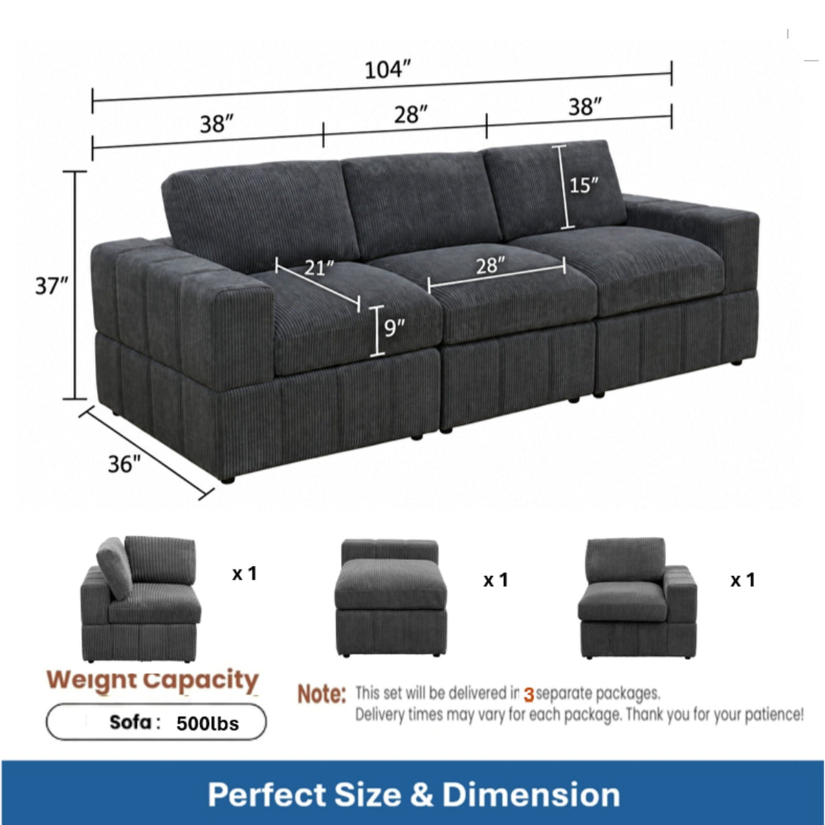 Oversized Modular Sectional Sofa 3 Piece Set For Living Room - Dark Gray Home Essentials
