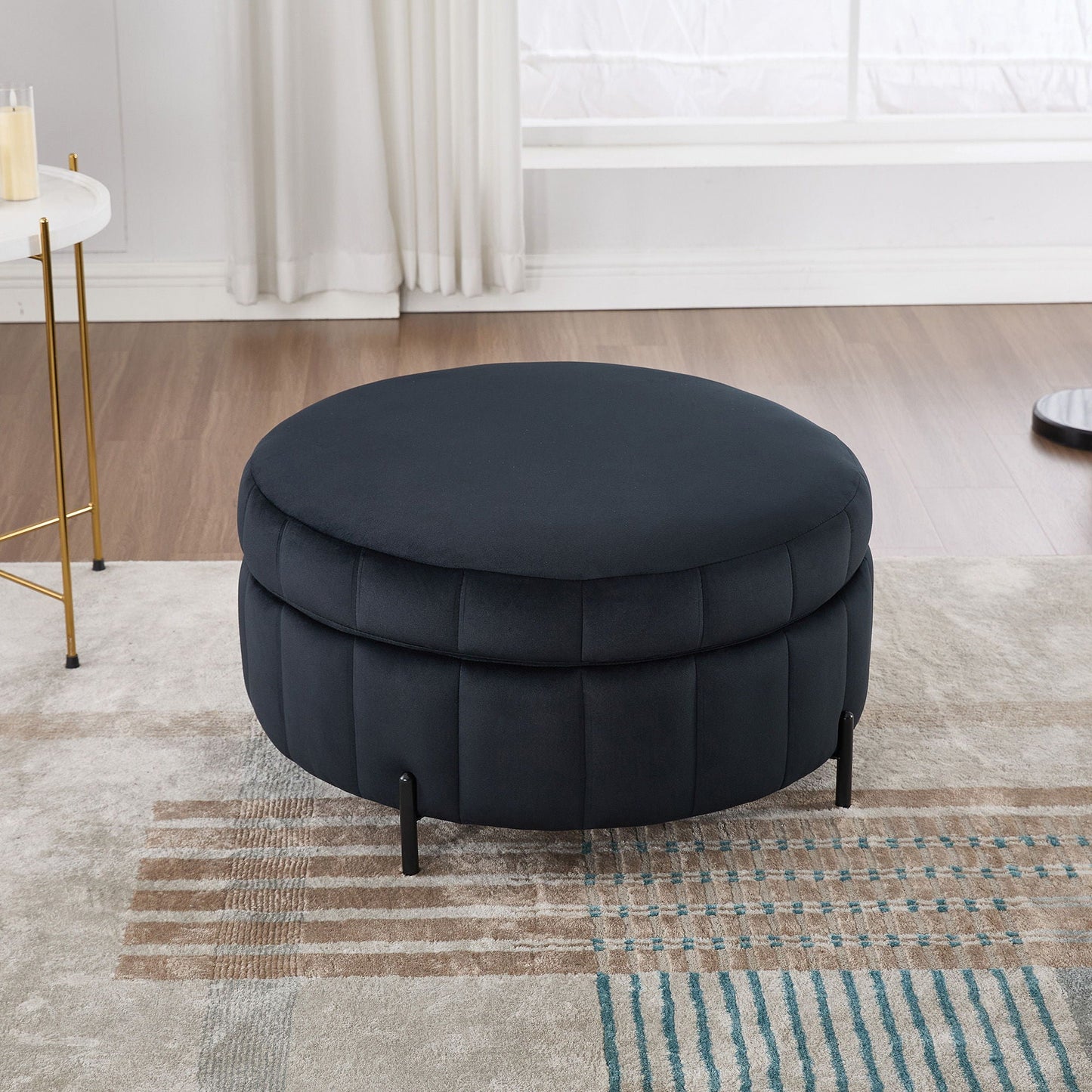 Upholstered Round Ottoman With Reversible Lid, Channel Tufted Pumpkin Shape Home Essentials