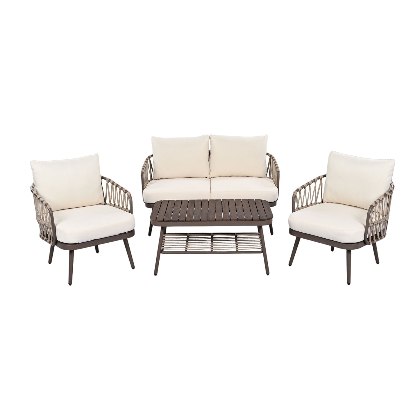 4 Piece Outdoor Patio Furniture Set, Metal Chairs With Woven Rope U Shaped Backrest Noble House