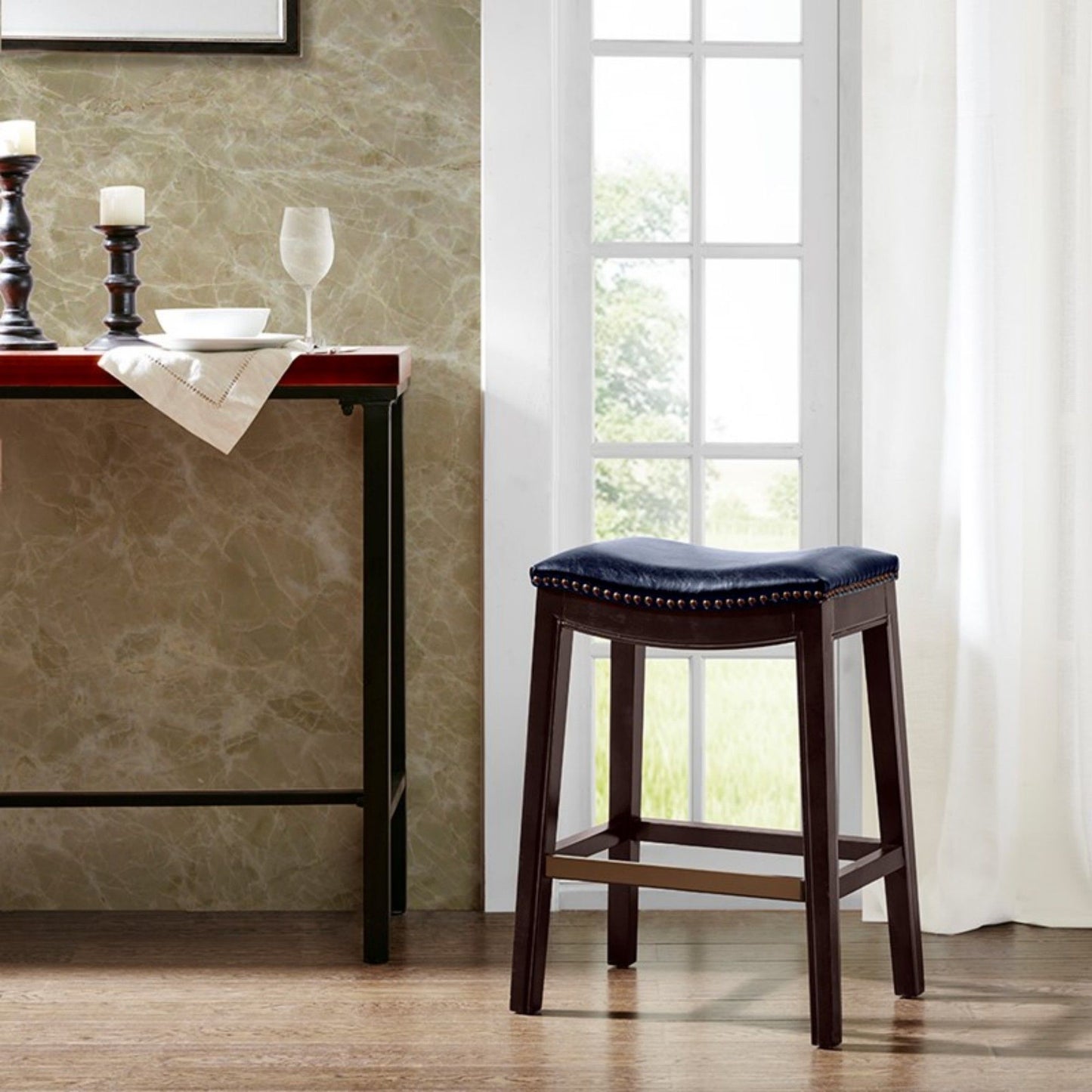 Saddle Counter Stool With Antique Bronze Detailing And High Density Foam - Navy JLA