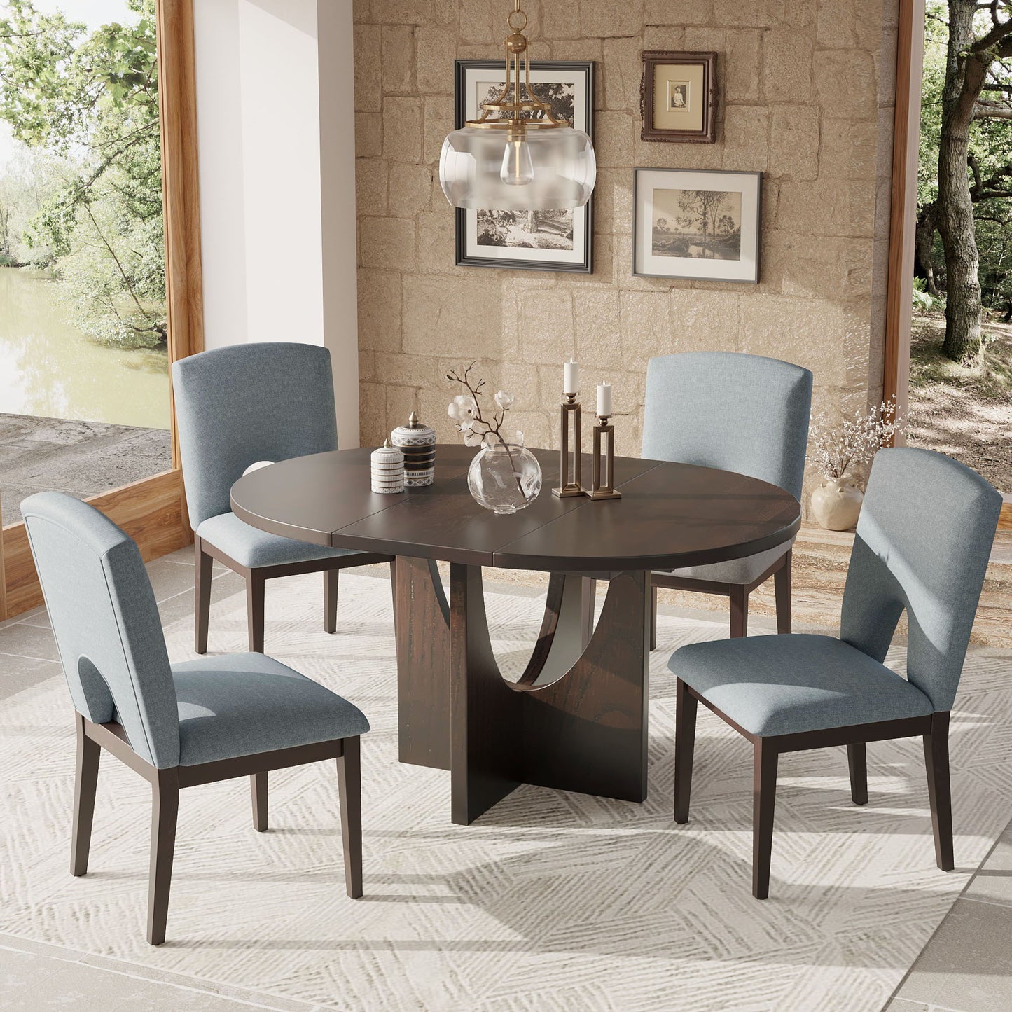 Topmax - 5 Piece Modern Extendable Round Dining Table Set With Removable Leaf For Small Places Hearth and Haven