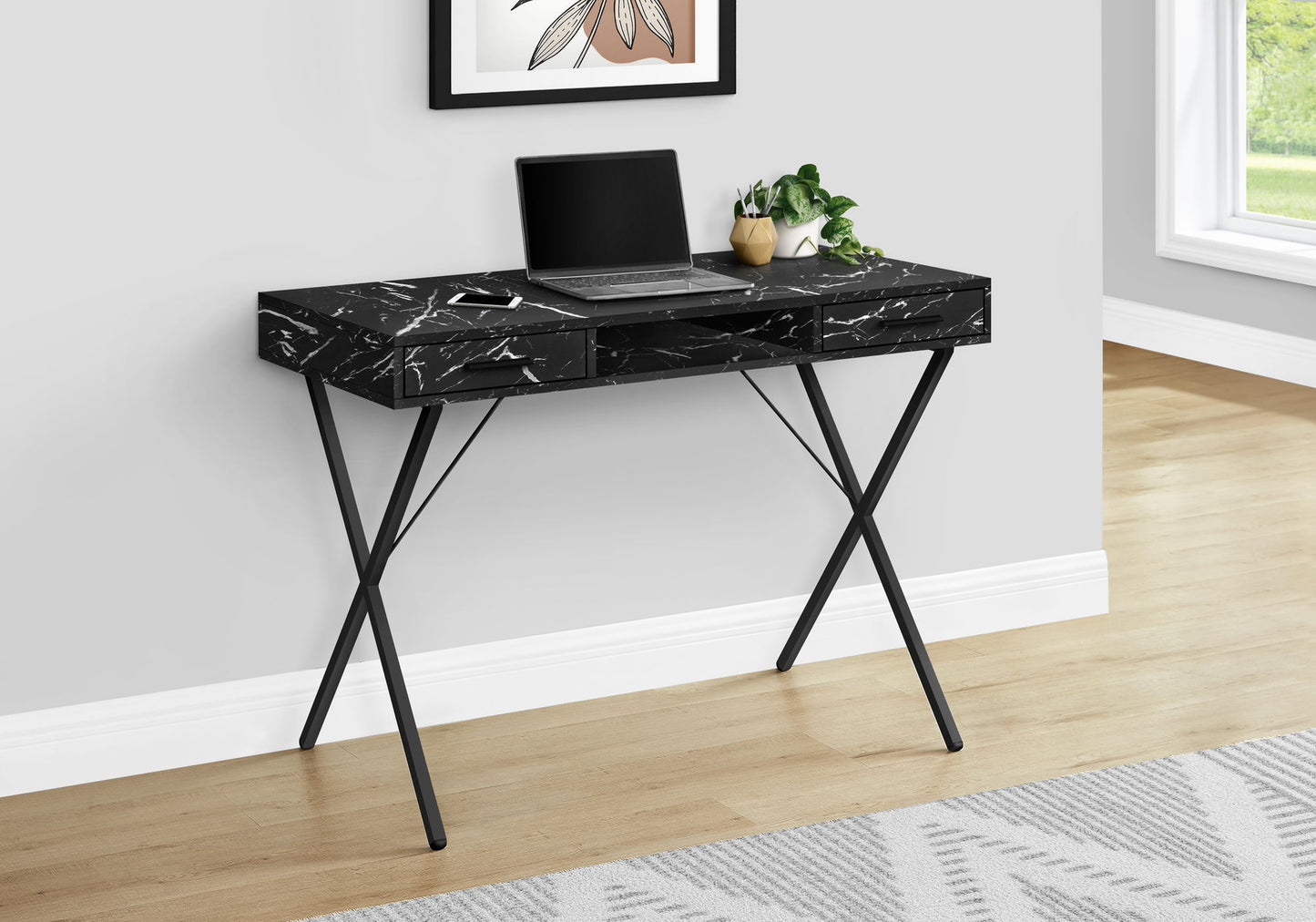 Computer Desk, Home Office, Laptop, Left, Right Set-Up, Storage Drawers, Work, Marble Look Laminate, Contemporary, Modern - Black 8th Street