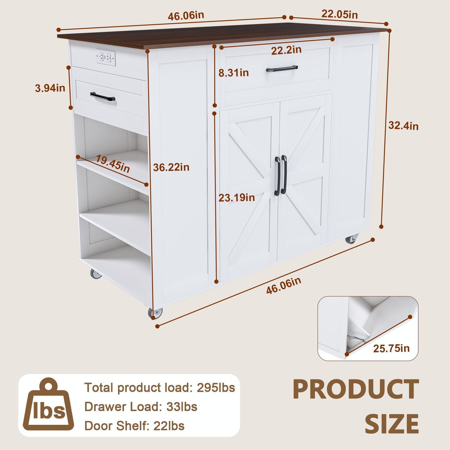 Rustic Movable Kitchen Island On Wheels With Storage & Power Outlet - White Home Essentials