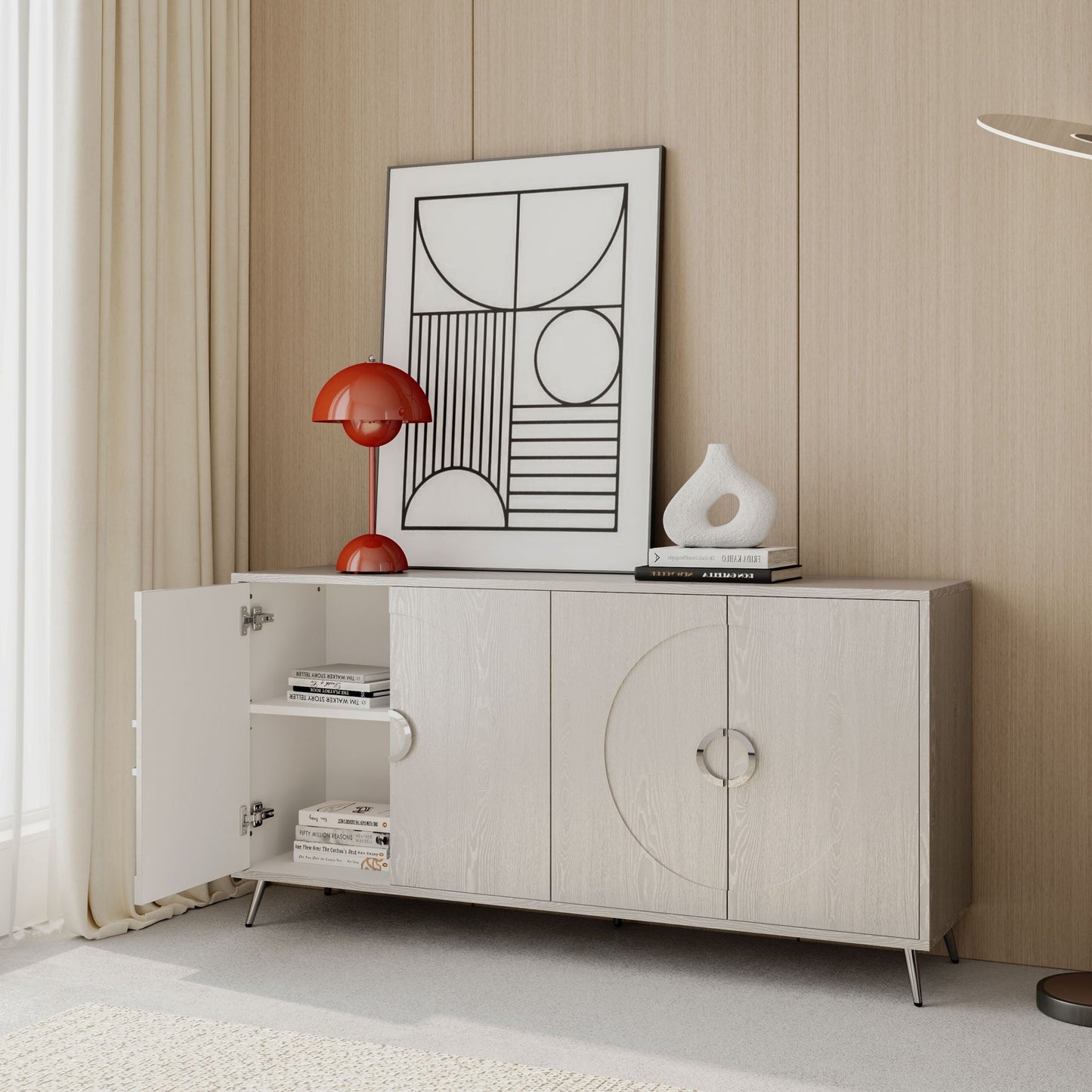 Modern Lacquered 4 Door Wooden Cabinet Sideboard Buffet Server Cabinet Storage Cabinet, For Living Room, Entryway, Hallway, Office, Kitchen And Dining Room Home Essentials