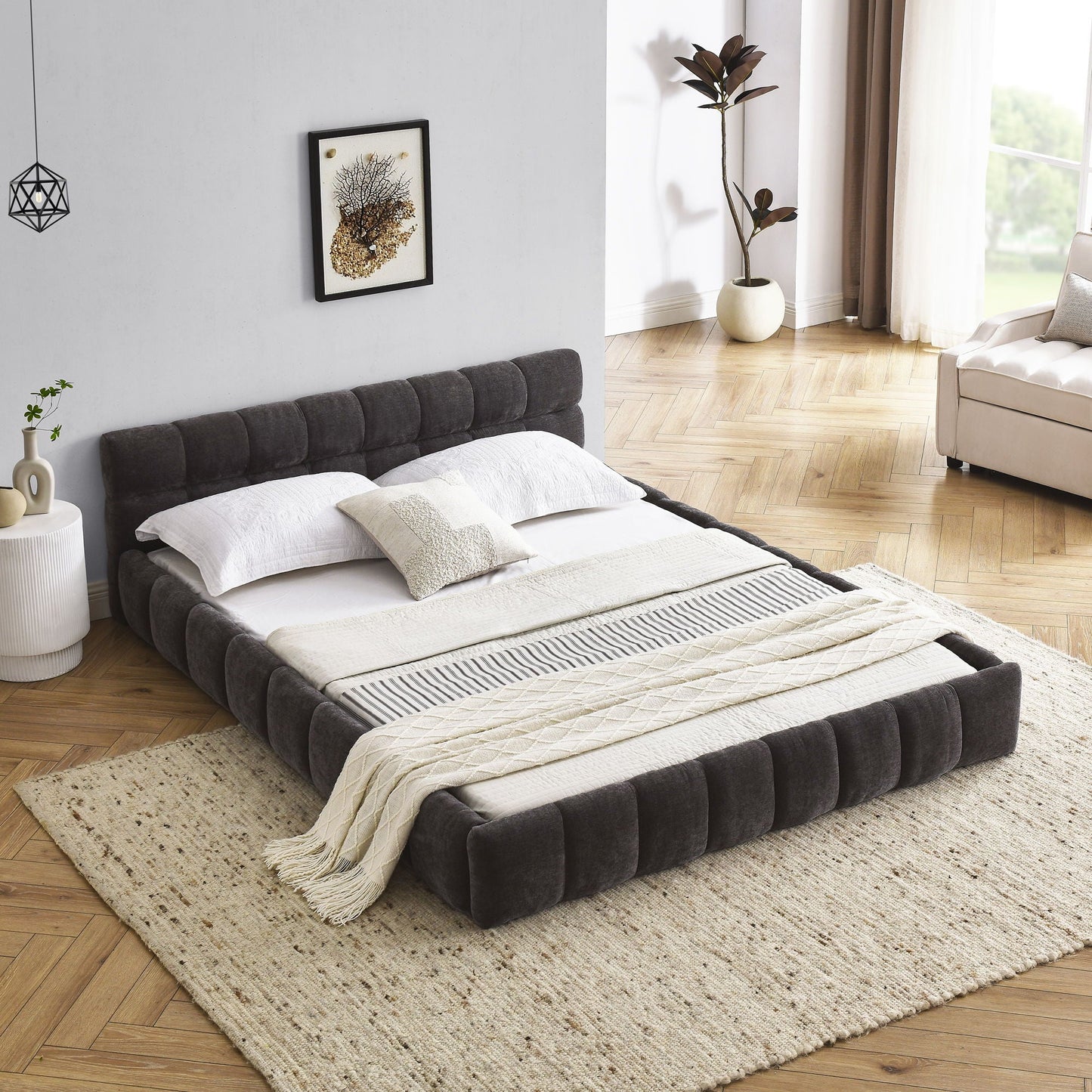 Modern Platform Bed Frame With Thick Chenille Fabric Home Essentials
