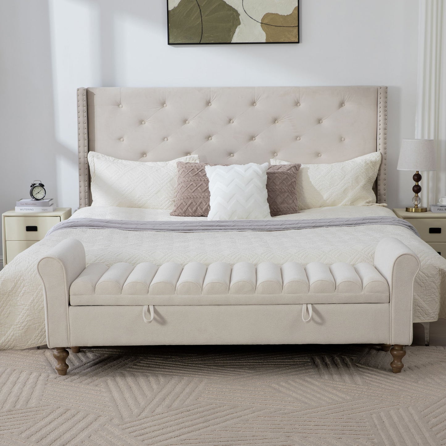 Wide Modern Upholstered Storage Bench With Rolled Armrest Home Essentials