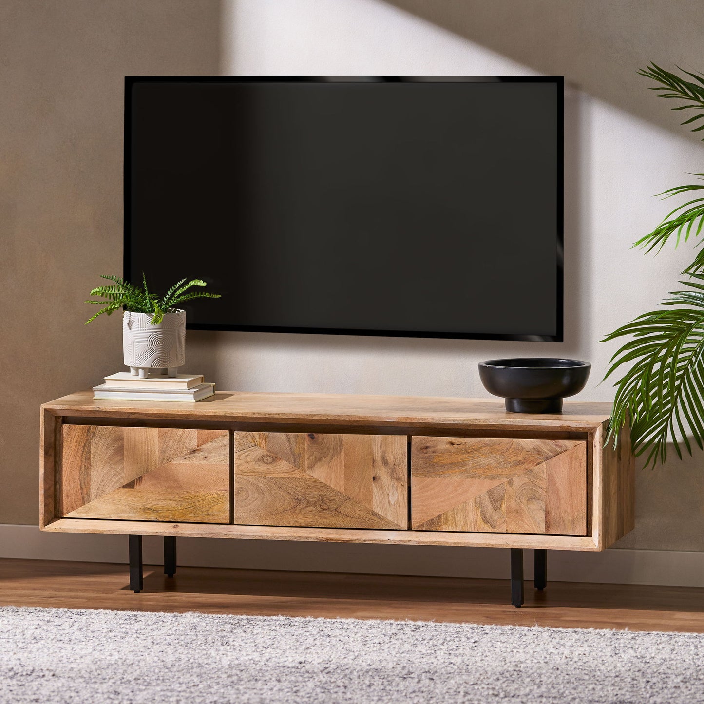 TV Stand With 3 Cabinets For TVs Up To 59" - Natural Noble House