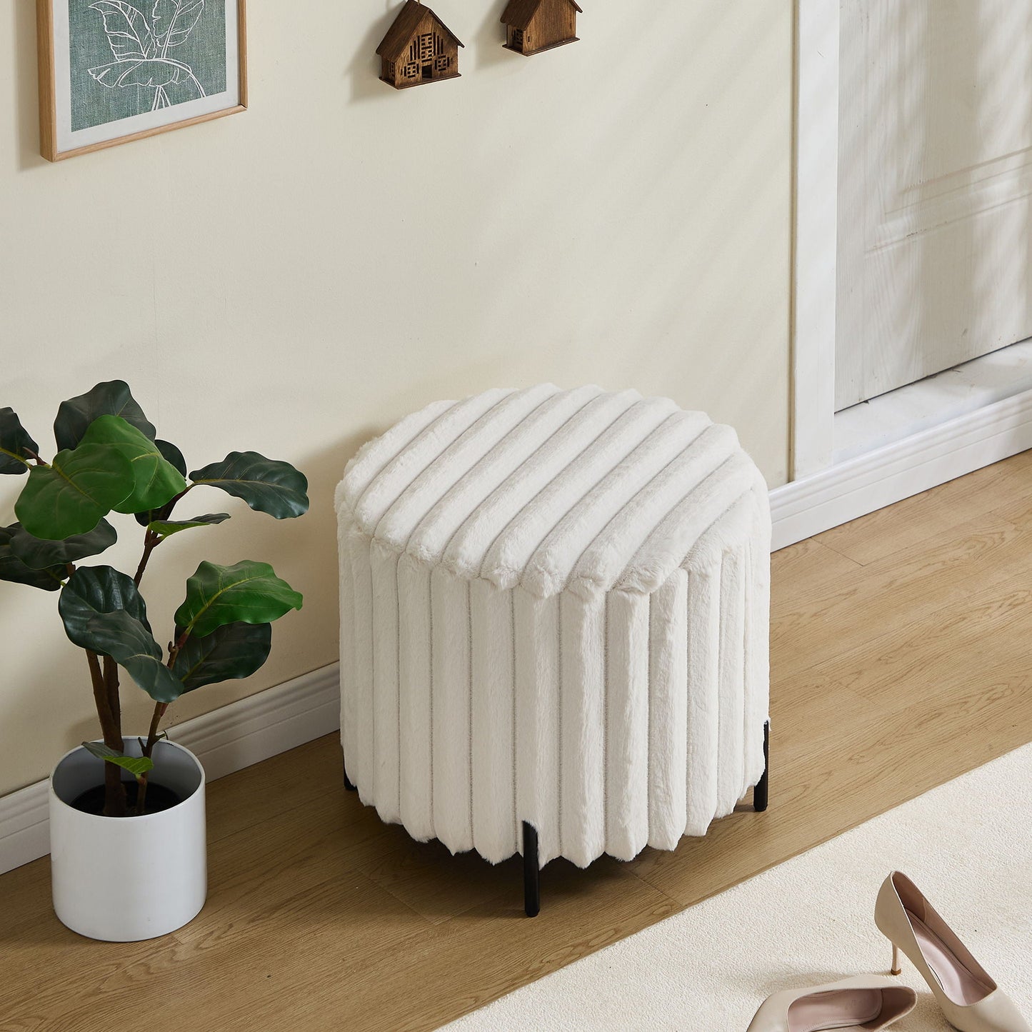Wide Upholstered Round Pouf Ottoman Foot Rest Home Essentials