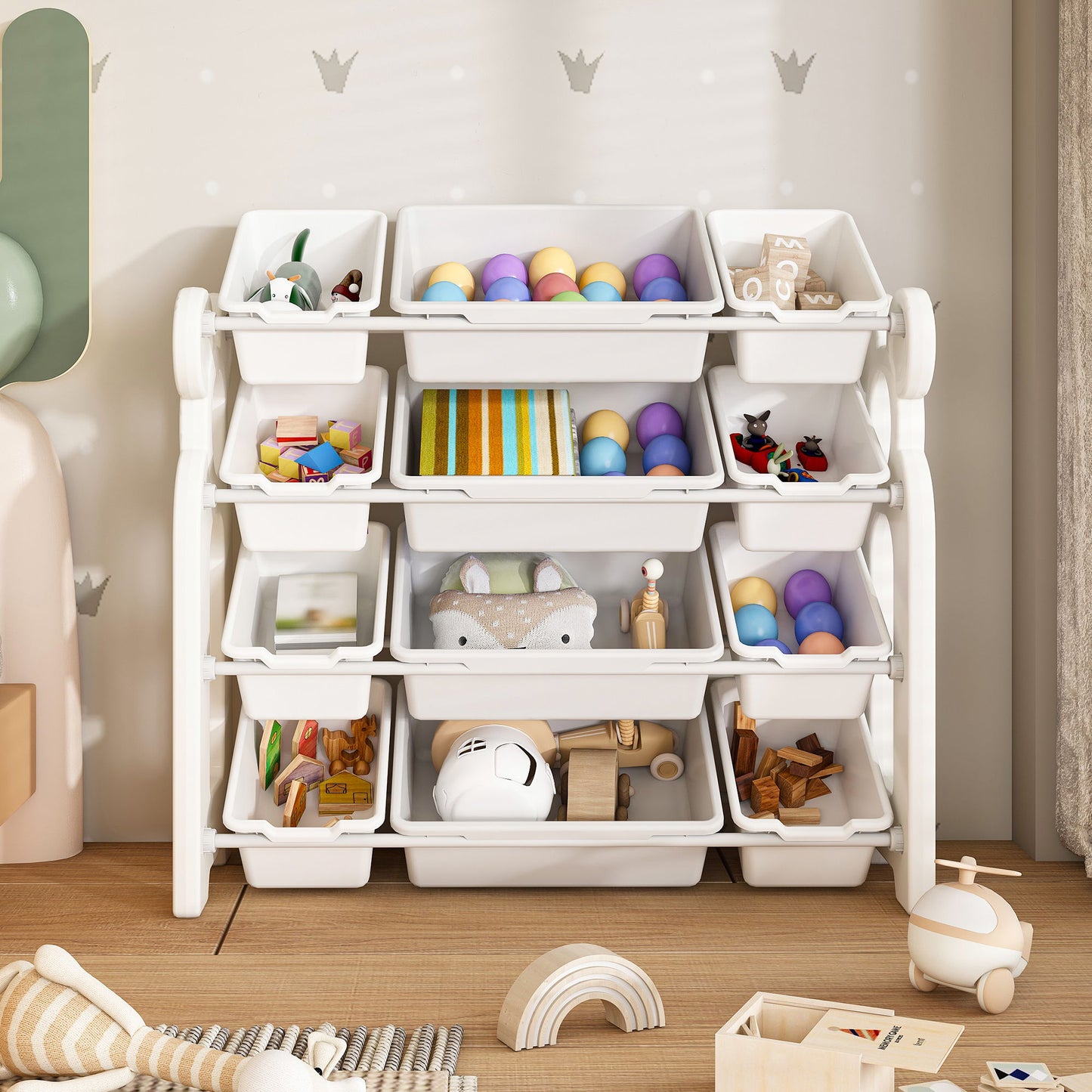 Multi Functional Kids Toy Storage Organizer Cabinet With Hdpe Shelf And 12 Bins - Gray White Home Essentials