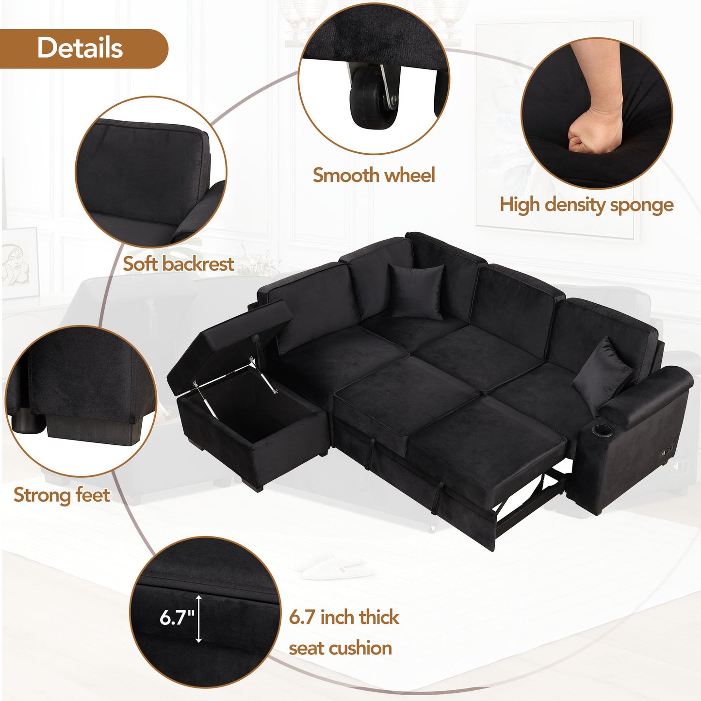 Sleeper Sofa Bed, 2 In 1 Pull Out Sofa Bed L Shape Couch With Storage Ottoman For Living Room, Bedroom Couch And Small Apartment Hearth and Haven