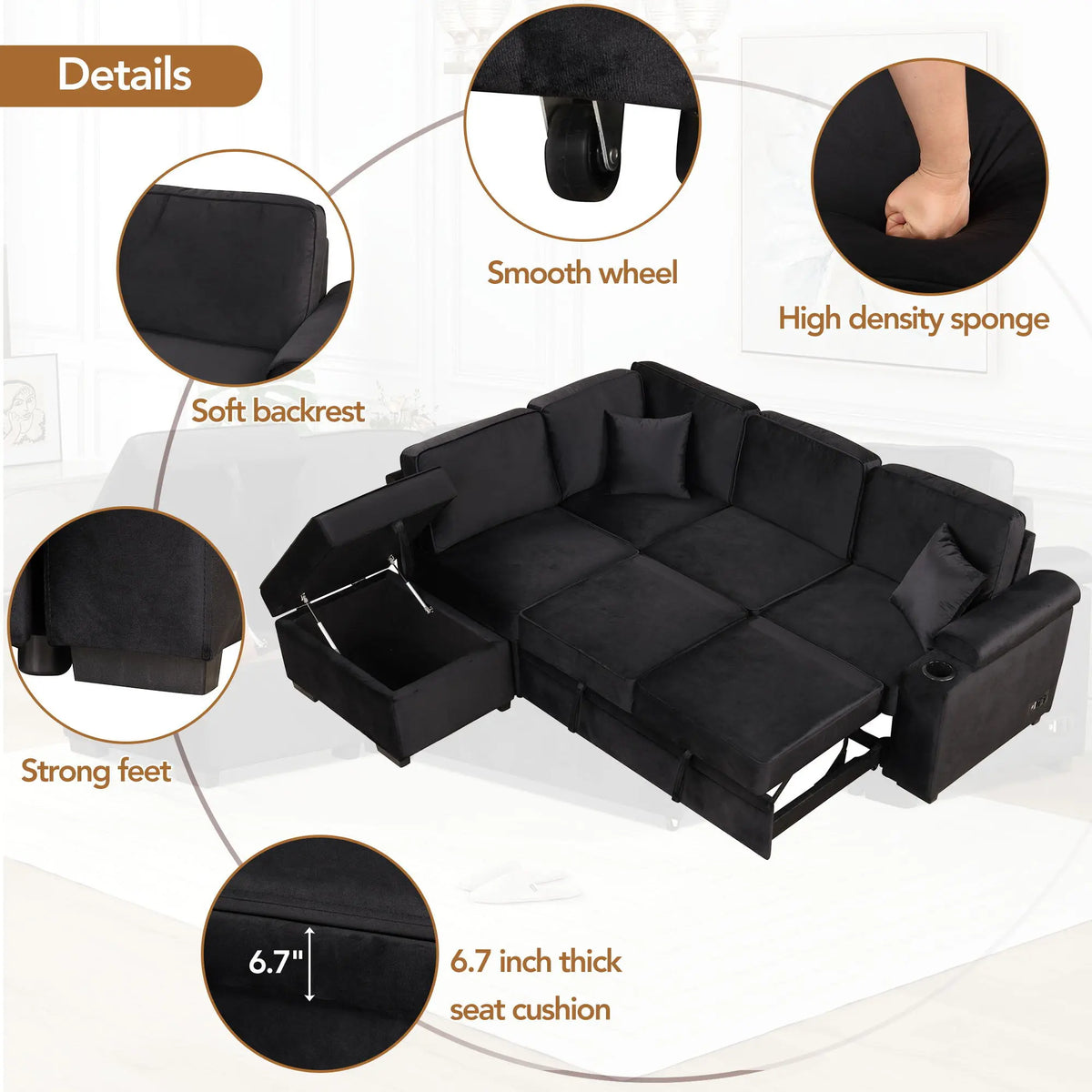 Sleeper Sofa Bed, 2 In 1 Pull Out Sofa Bed L Shape Couch With Storage Ottoman For Living Room, Bedroom Couch And Small Apartment Hearth and Haven