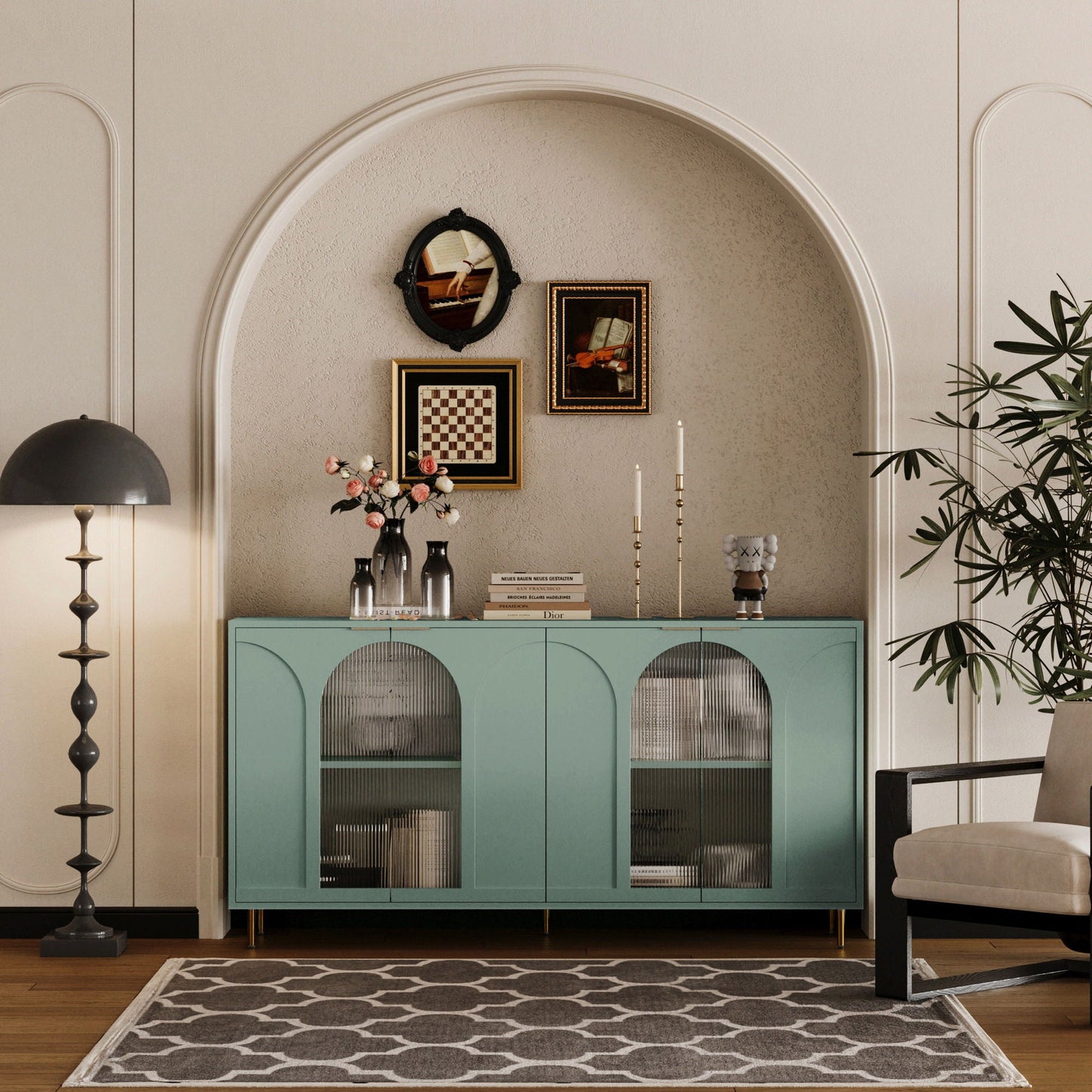 Accent Cabinet Lacquered Wooden Cabinet With 4 Glass Doors Sideboard Buffet Server Cabinet Storage Cabinet, For Living Room, Entryway, Hallway, Office, Kitchen And Dining Room Home Essentials