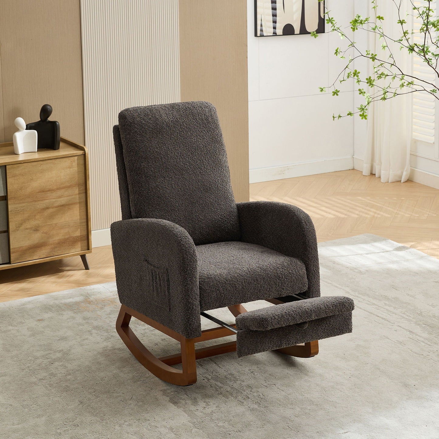 High Back Glider Rocking Chair With Retractable Footrest And Rubber Wood Legs Home Essentials