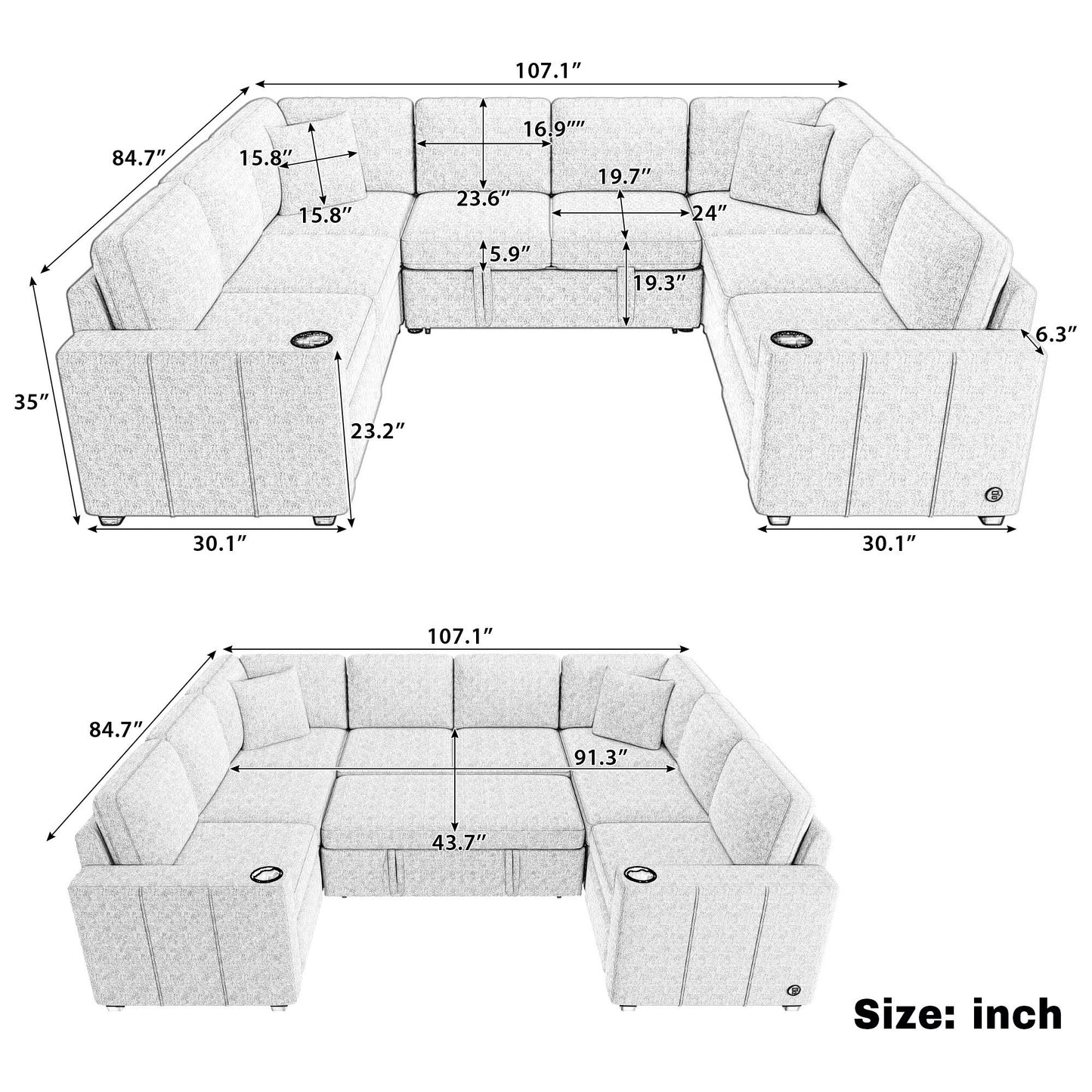 Convertible U-Shaped Sectional Sofa With Pull-Out Bed Hearth and Haven