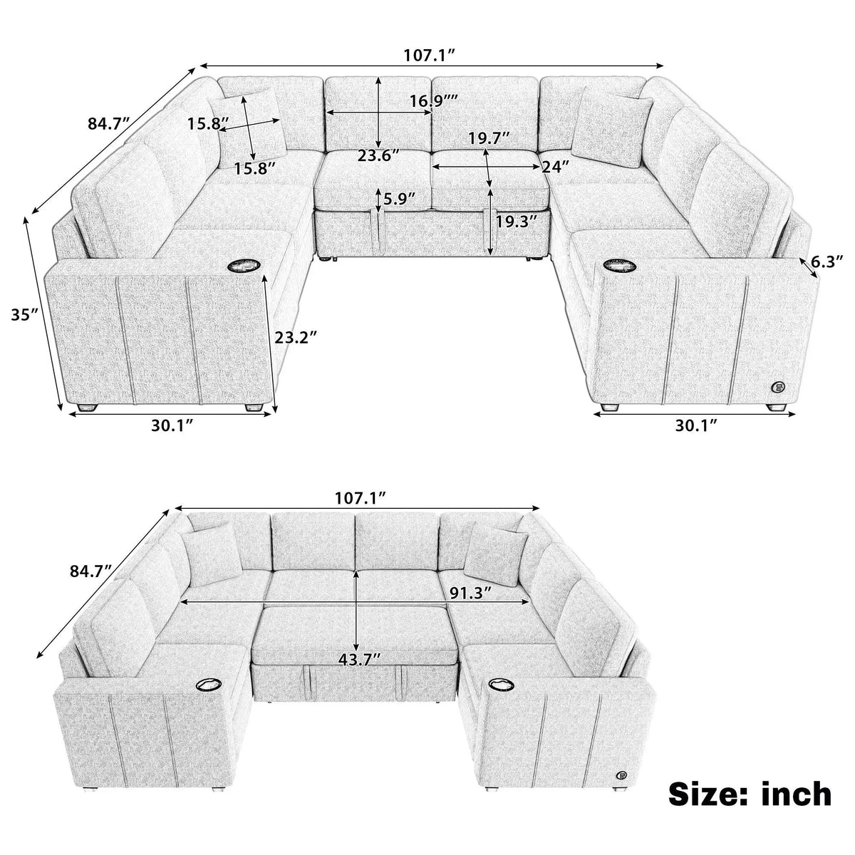 Convertible U-Shaped Sectional Sofa With Pull-Out Bed Hearth and Haven