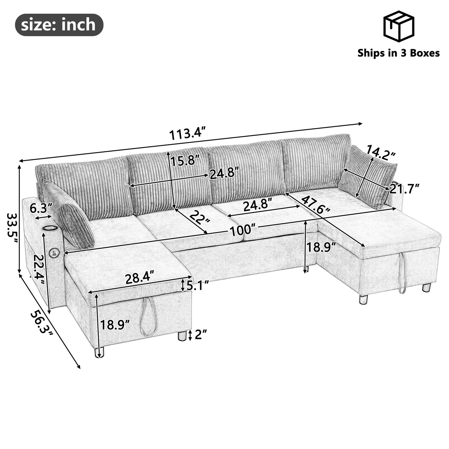 Sectional Sofa Bed With Pull Out Sleeper, USB Ports, Cup Holders Hearth and Haven