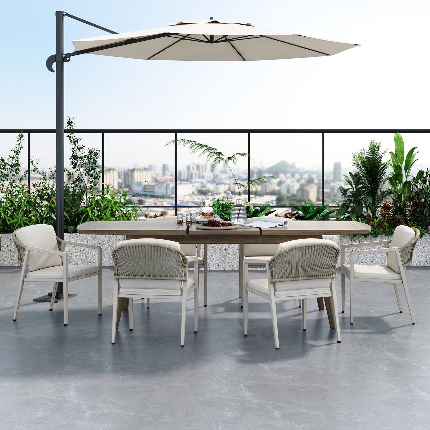 Modern Outdoor Dining Set With Expandable Acacia Wood Table Noble House
