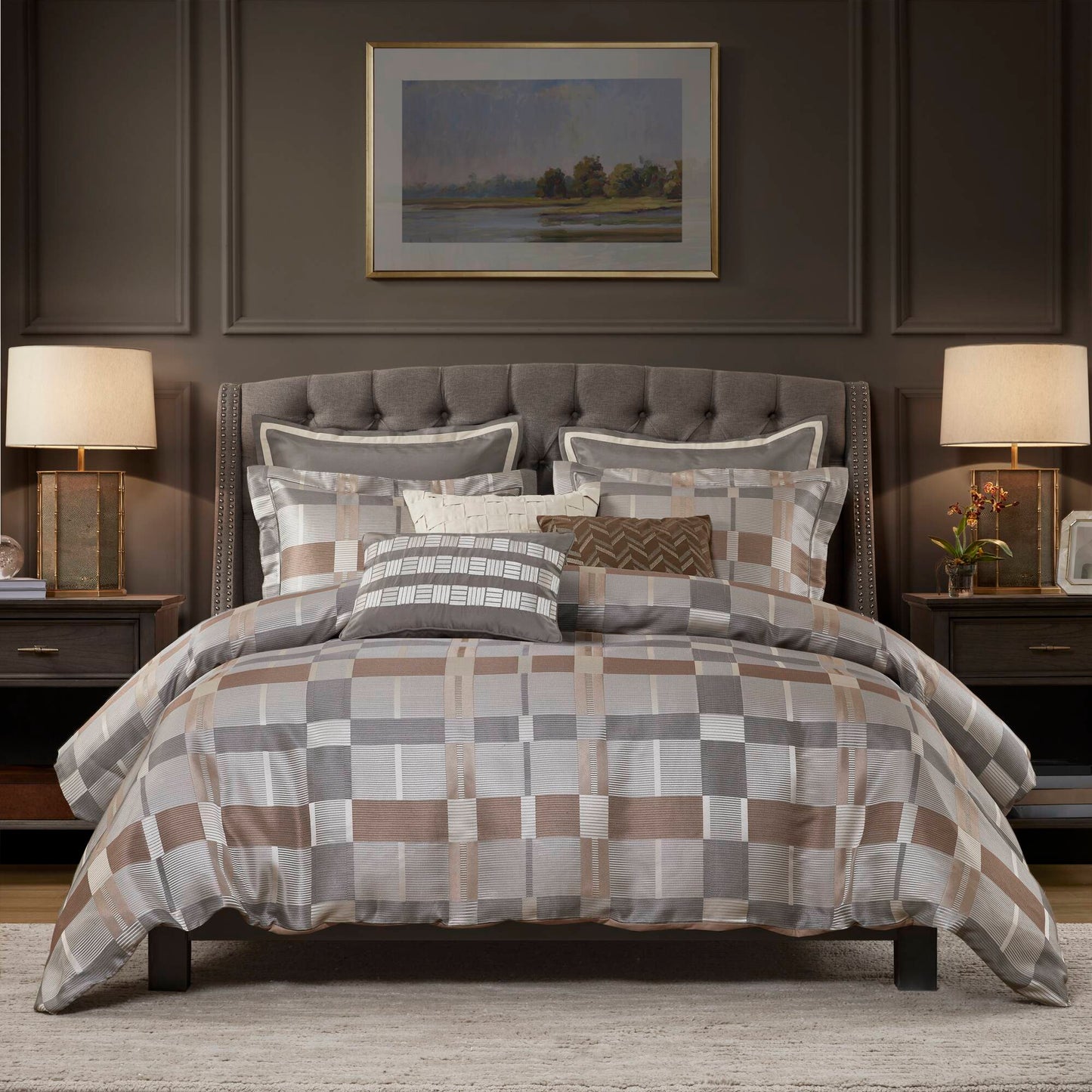 Prescott - 8 Piece Queen Oversized Duvet Style Comforter Set - Taupe Madison Park Signature