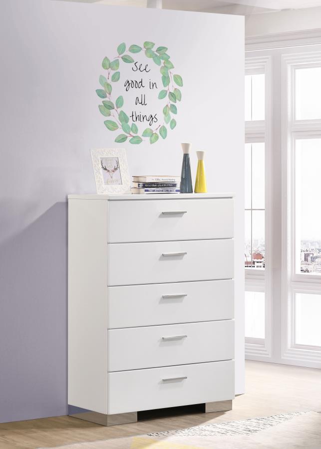 Felicity - 5-Drawer Bedroom Chest - White High Gloss CoasterEssence