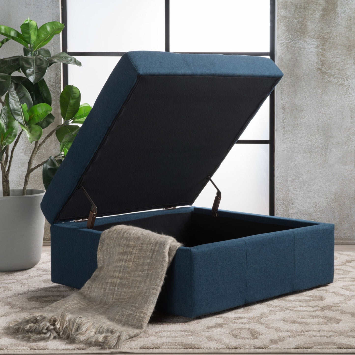 Flip Top Ottoman With Tufted Waffle Stitch And Rolling Casters - Navy Blue Noble House