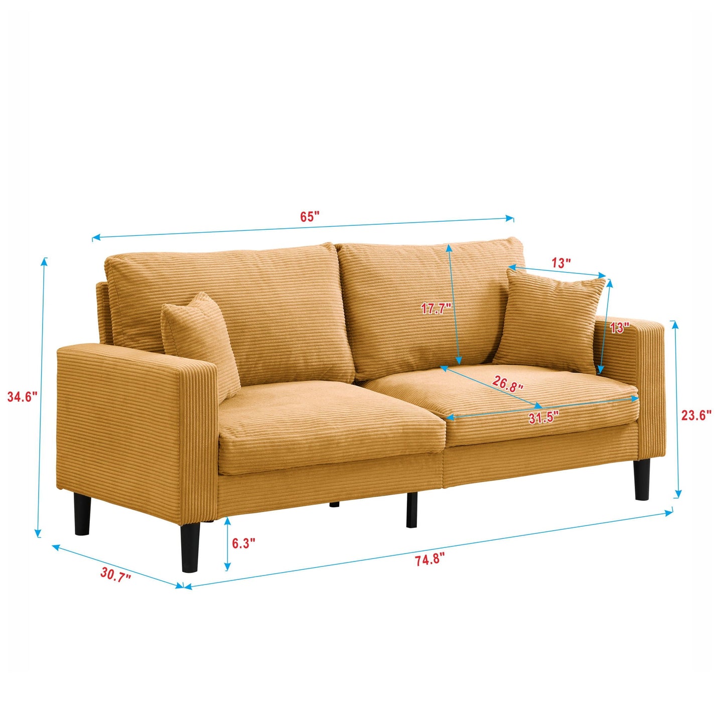 Modern Upholstered 3 Seat Sofa, High Resilience Home Essentials