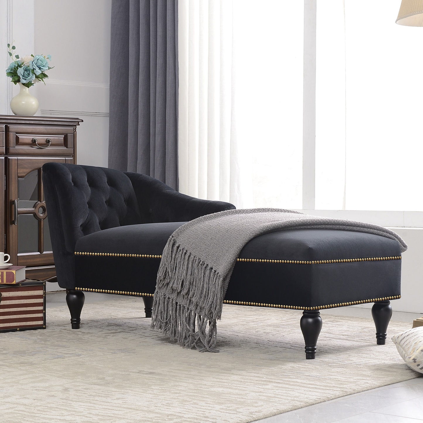 Velvet Chaise Lounge, Button Tufted Right Arm Facing Lounge Chair With Nailhead Trim For Living Room - Black Luxe & Co.