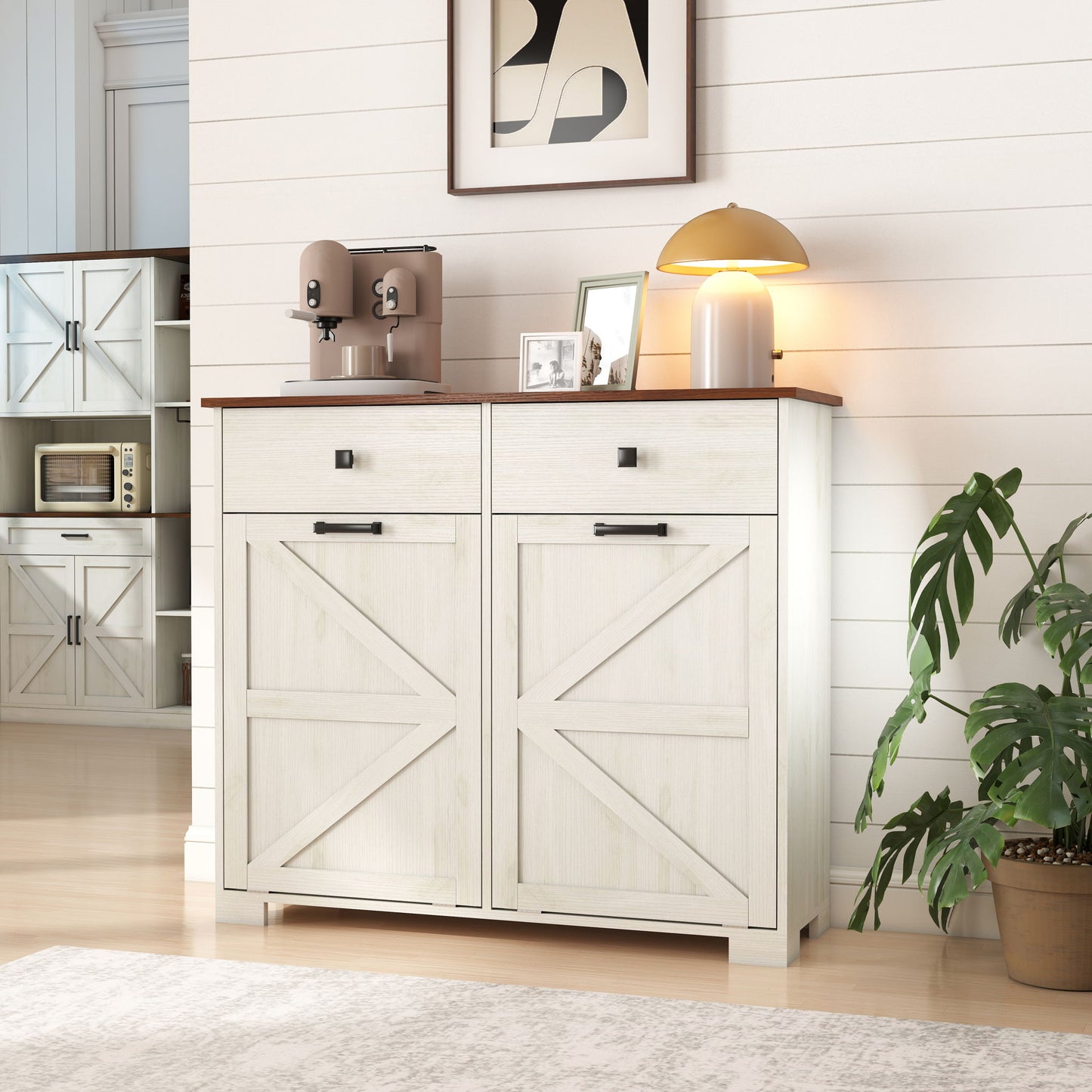 Double Tilt Out Trash Cabinet With Hideaway Drawer And Barn Door Style Home Essentials