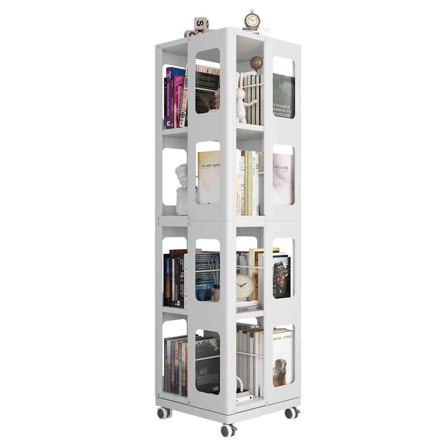 4 Tier All Steel Rotating Bookshelf With 360° Wheels, Large Size Sturdy & Spacious Book Rack, New Style Bookshelf - White Home Essentials