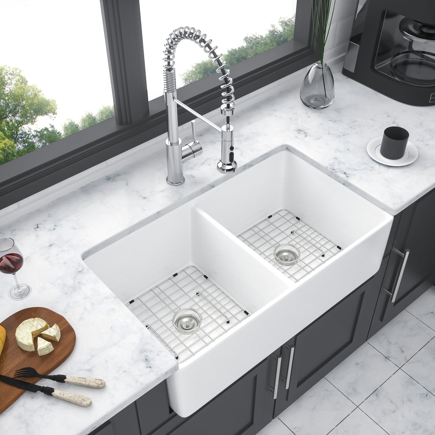 Double Bowl Apron Front Kitchen Sink 32", Sturdy And With Scratch Resistant - White Daily Nest
