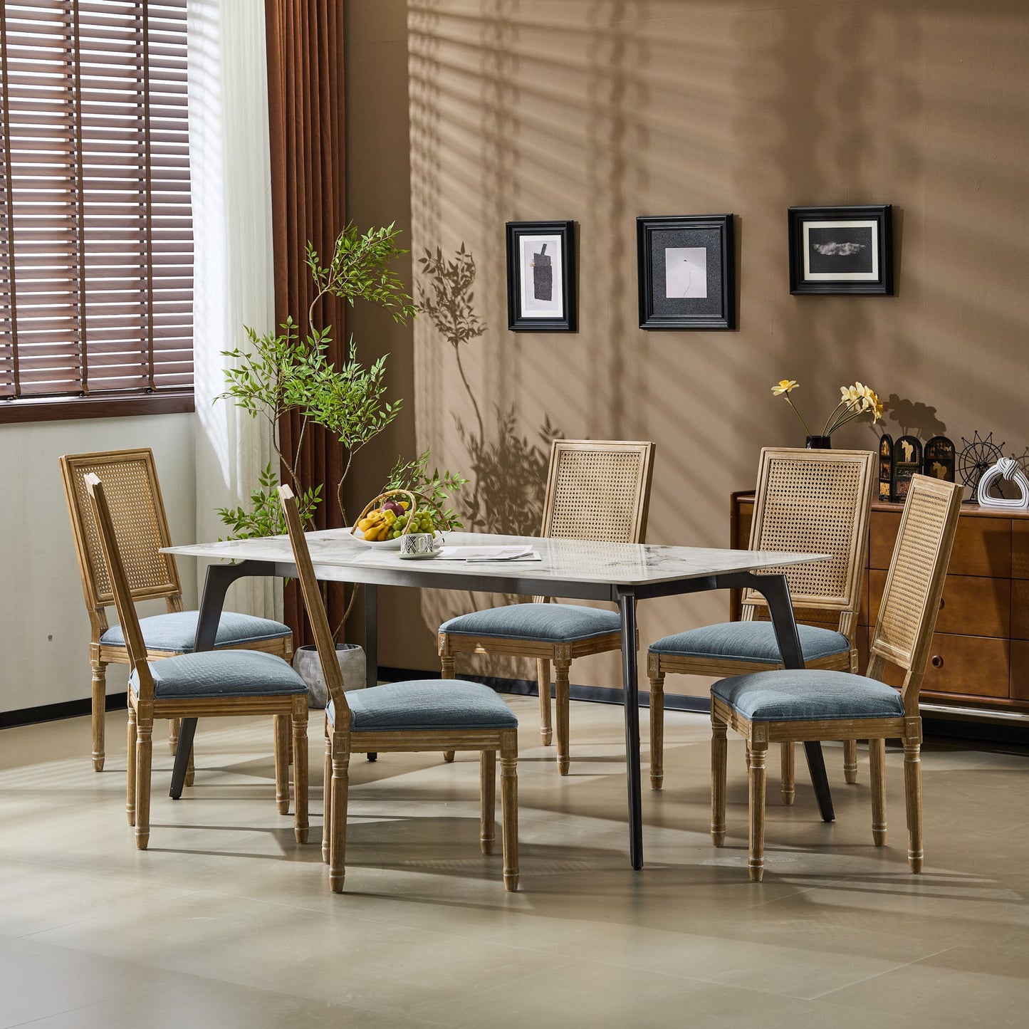 French Country Dining Chair With Rectangular Cane Backrest And Smooth Upholstered Seating Noble House