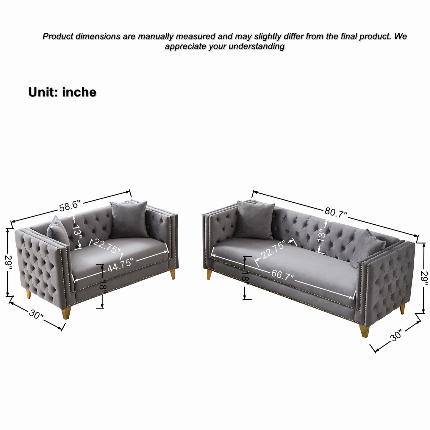 3 And 2 Seater Deep Seat Sofa With Button Nailhead, Square Arm Couches, Furniture For Living Room - Gray Home Essentials