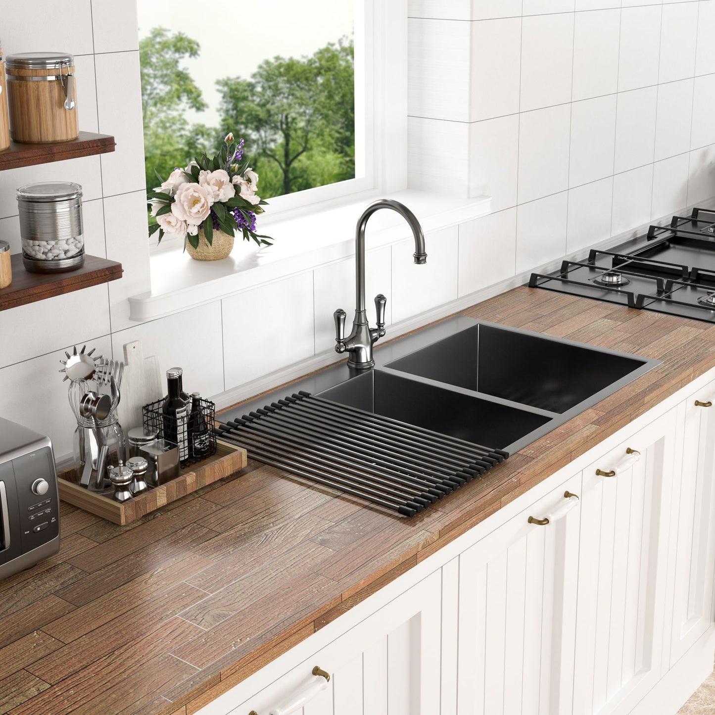 Double Bowl Drop In Kitchen Sink, 16 Gauge Stainless Steel With 2 9" Deep Basins - Gunmetal Black Daily Nest