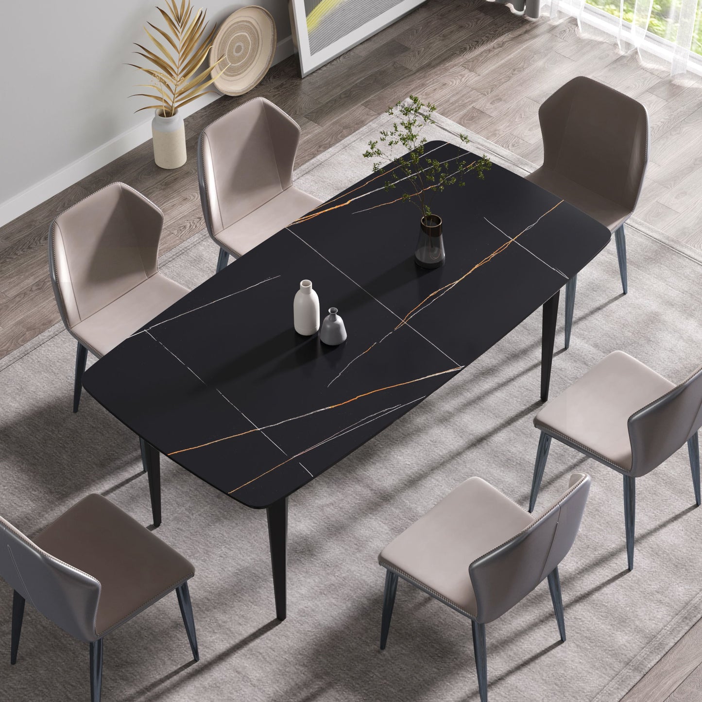 70.87" Modern Artificial Stone Curved Metal Leg Dining Table, Can Accommodate 6-8 People - Black Home Essentials