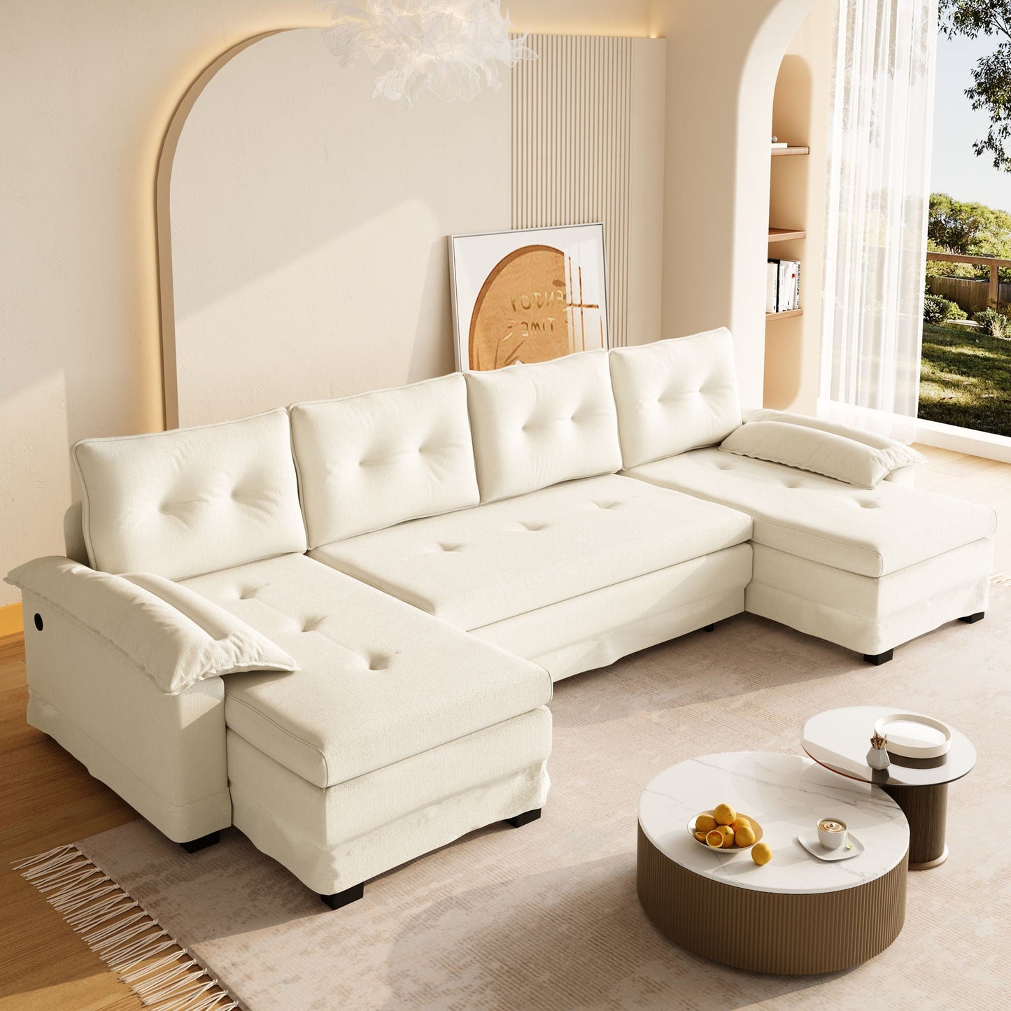 U-Shaped Sleeper Sofa With Pull Out Bed, Removable Armrests & USB Ports For Living Room Home Essentials