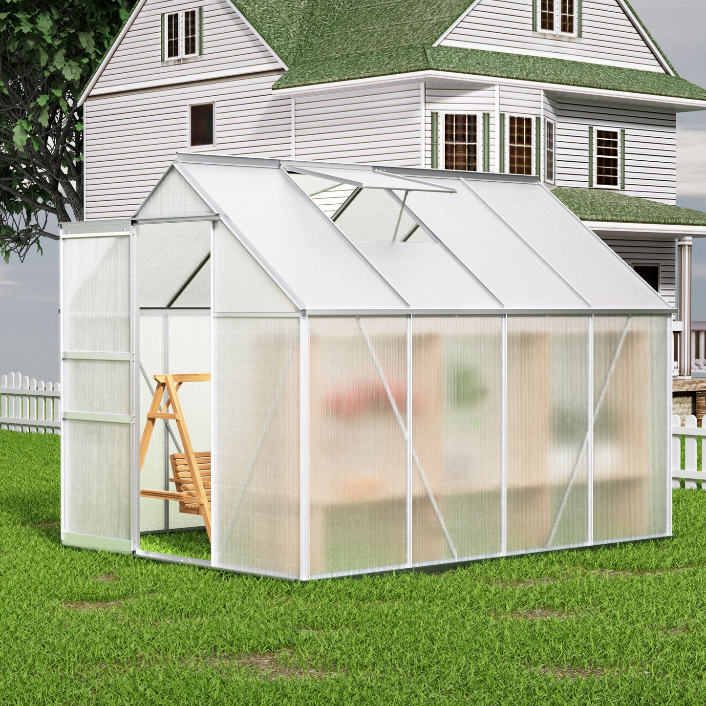 Walk-In Polycarbonate Greenhouse & Roof Vent, Sliding Doors, Aluminum Hobby Hot House For Outdoor Daily Nest