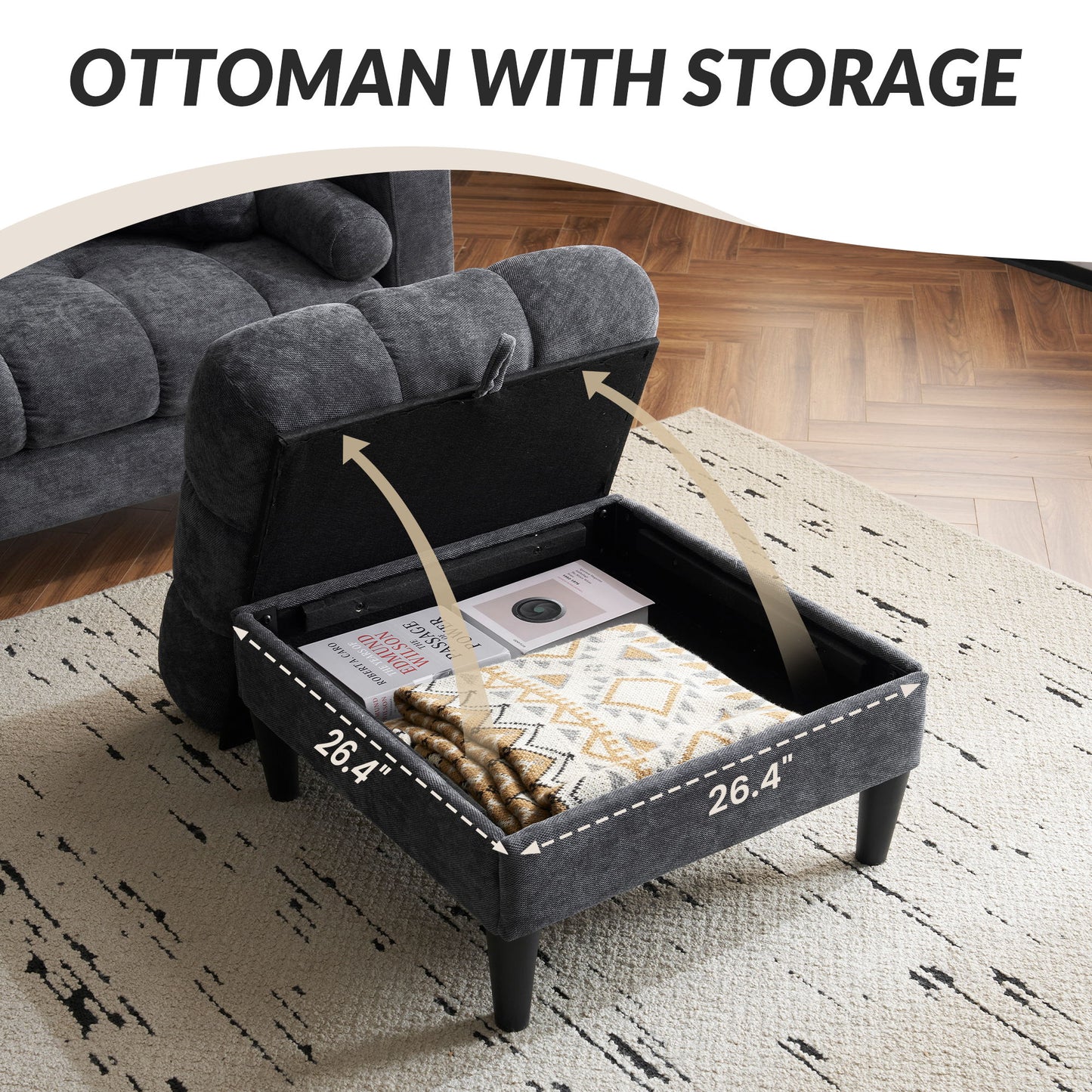 3 Seat L-Shaped Chenille Sofa With Removable And Storage Ottoman, Side Storage, And USB / C - Type Charging Ports Sofa For Living Room