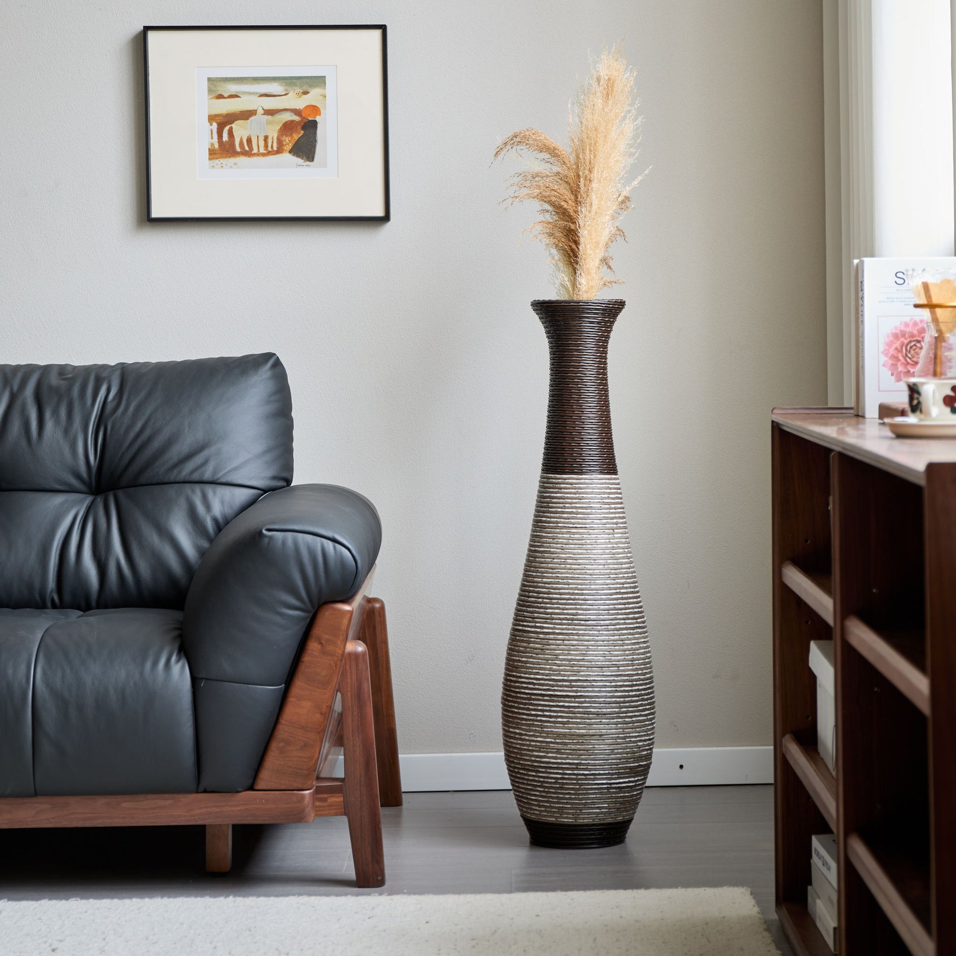 Tall Standing Designer Floor Vase Durable Artificial Rattan Elegant 2 Tone Finish Ideal Decor Accent For Living Room, Bedroom, Entryway Stylish Home Decor Statement Piece - Black / Gray Daily Nest