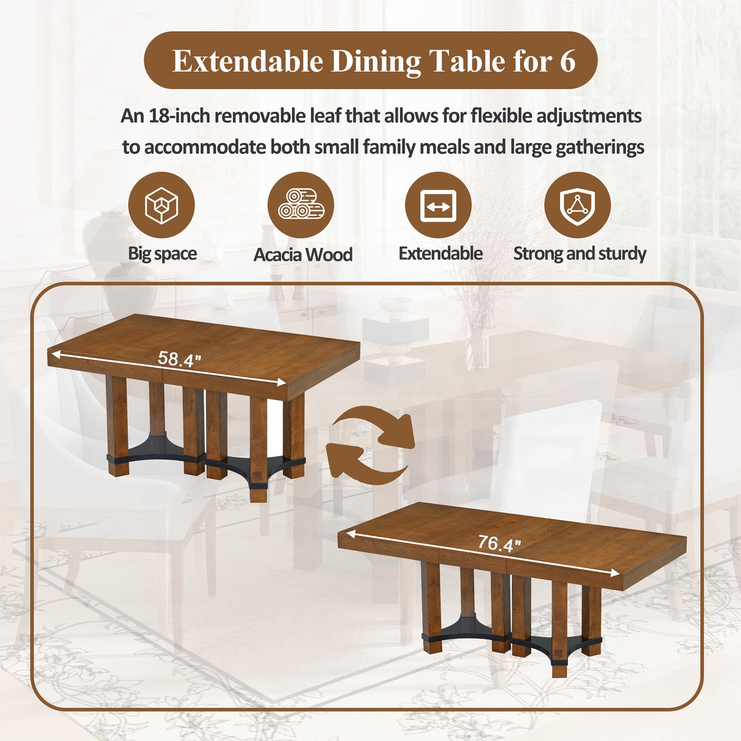Topmax - 7 Piece Rustic Extendable Dining Table Set With Removable Leaf, 2 Arm Chairs And 4 Armless Chairs Hearth and Haven