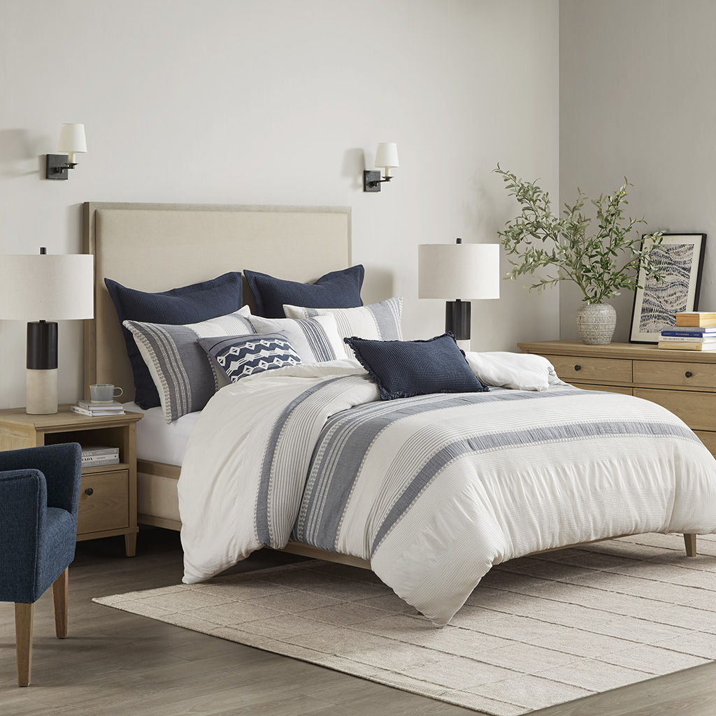 Murphy - Oversized Cotton Jacquard Comforter Set With Euro Shams and Throw Pillows - Light Blue Madison Park Signature