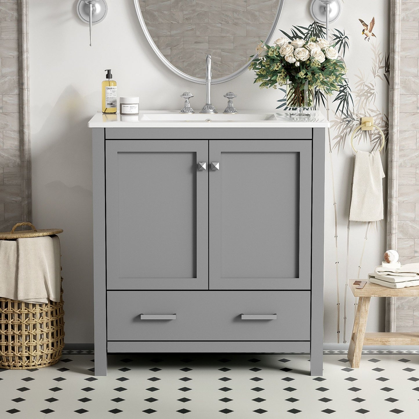Bathroom Vanity With Single Sink, Combo Cabinet Undermount Sink, Bathroom Storage Cabinet With Two Doors And A Drawer, Soft Closing, Multifunctional Storage, Solid Wood Frame Hearth and Haven