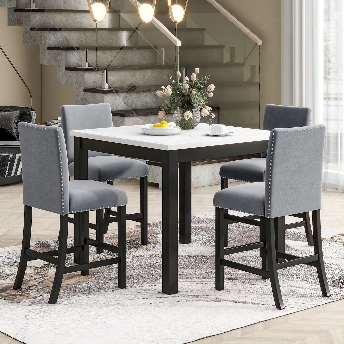 5-Piece Counter Height Dining Table Set With One Faux Marble Top Dining Table And Four Velvet Upholstered Chairs Home Essentials