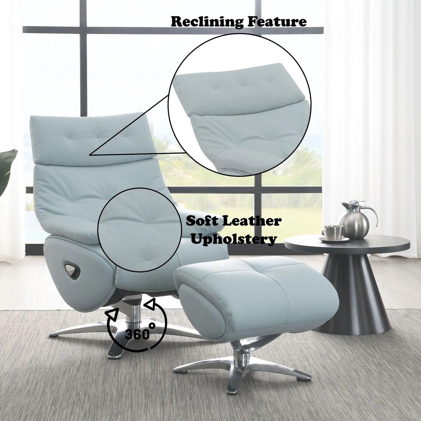 Janella - Top Grain Leather Accent Chair With Swivel & Ottoman - Baby Blue Acme