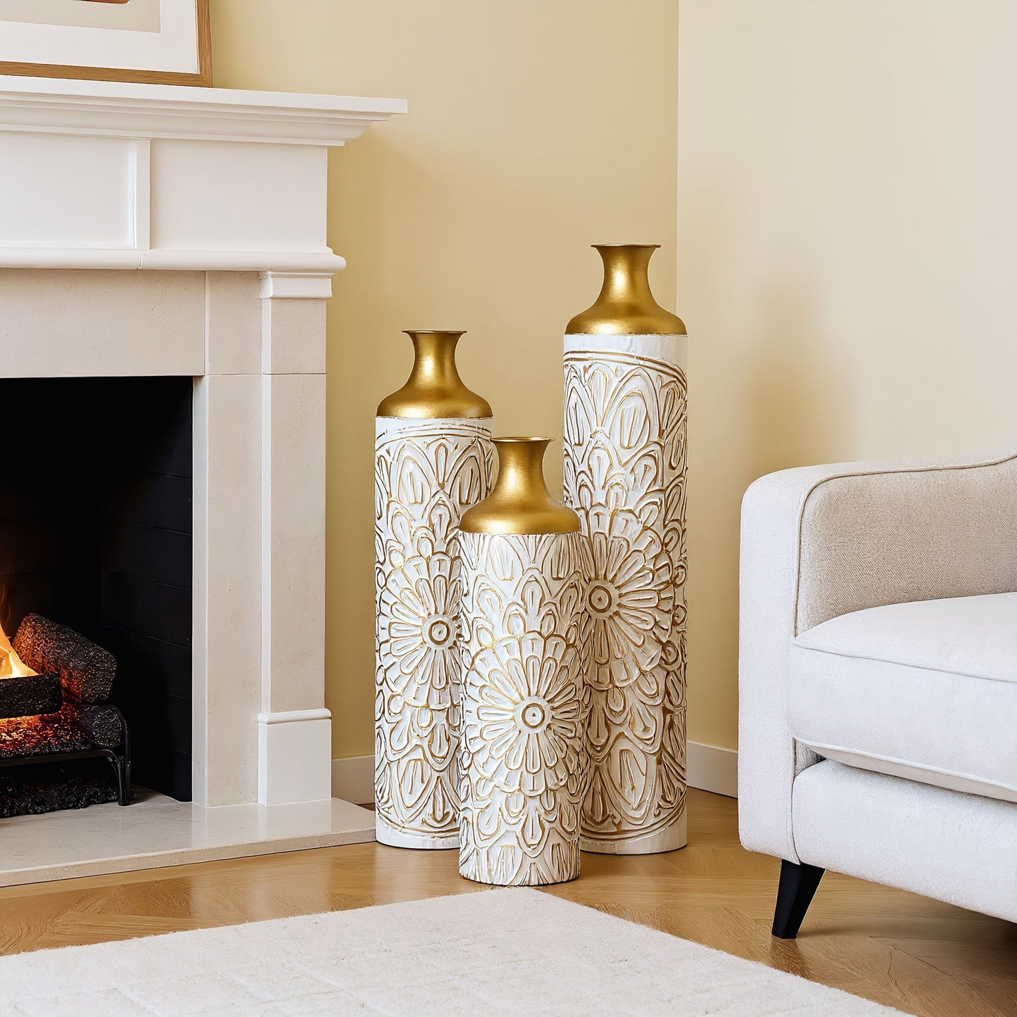 3 Piece Home Decoration Large Glazed Floor Vase Decoration Home Droplet Shaped - Gold / White Daily Nest