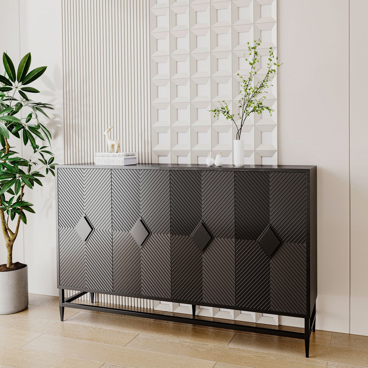 Accent Lacquered 4 Door Wooden Cabinet Sideboard Buffet Server Cabinet Storage Cabinet, For Living Room, Entryway, Hallway, Office, Kitchen And Dining Room - Matte Black Home Essentials