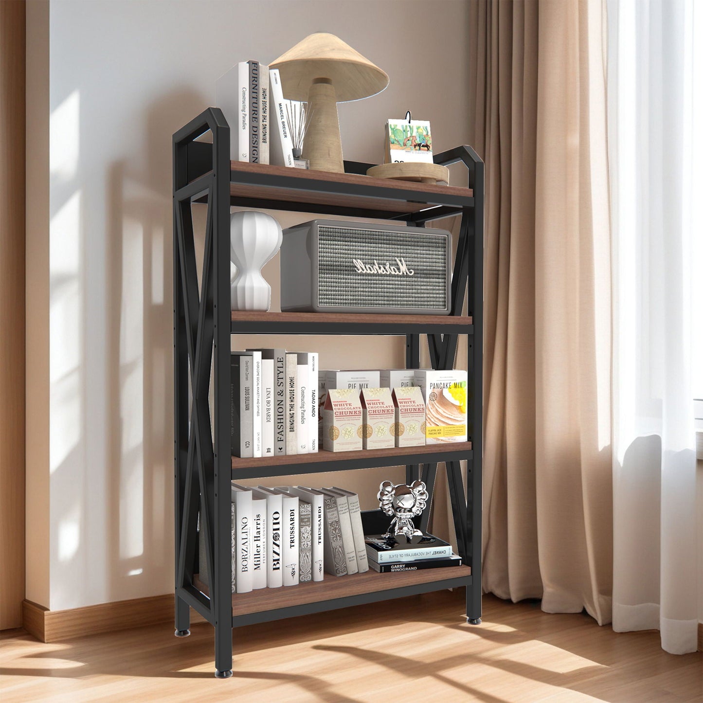 Bakers Rack Storage Shelves 4 Level Mental And Wooden Kitchen Shelves, Kitchen Organizers And Storage, For Garage, Pantry, Bathroom, Closet - Black / Black Brown Home Essentials