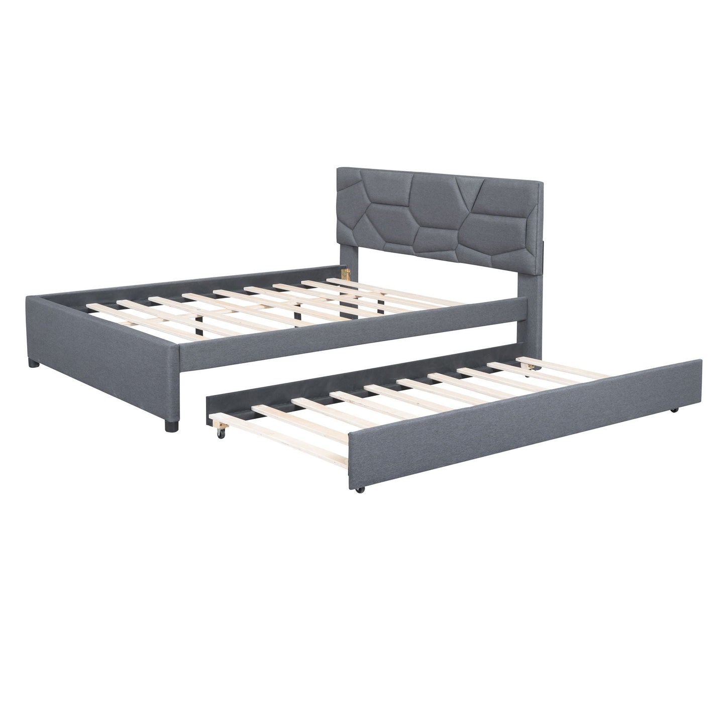 Upholstered Platform Bed With Brick Pattern Headboard And Twin Long Size Trundle Halcyon Home