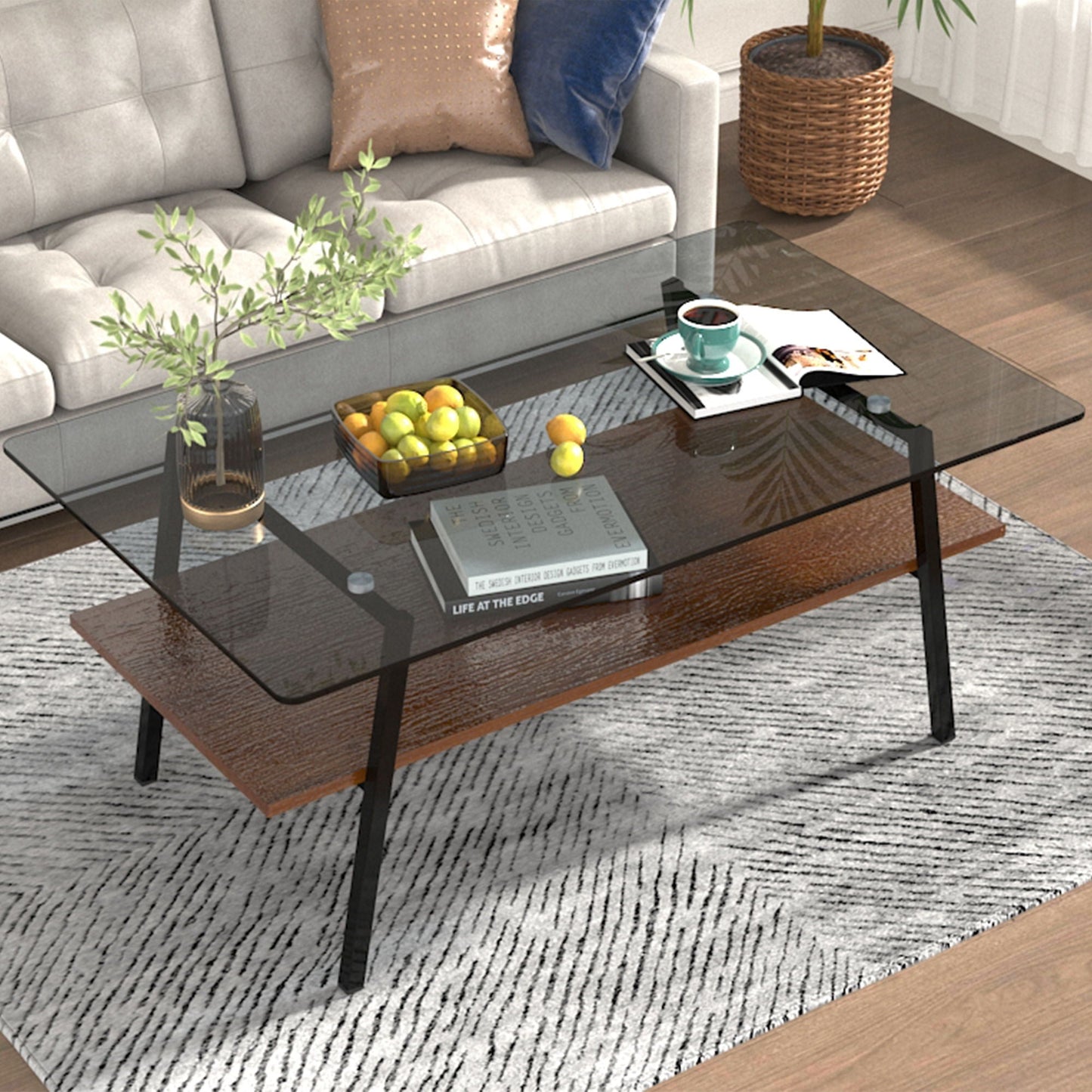 Rectangle Coffee Table, Tempered Glass Tabletop With Metal Legs Home Essentials