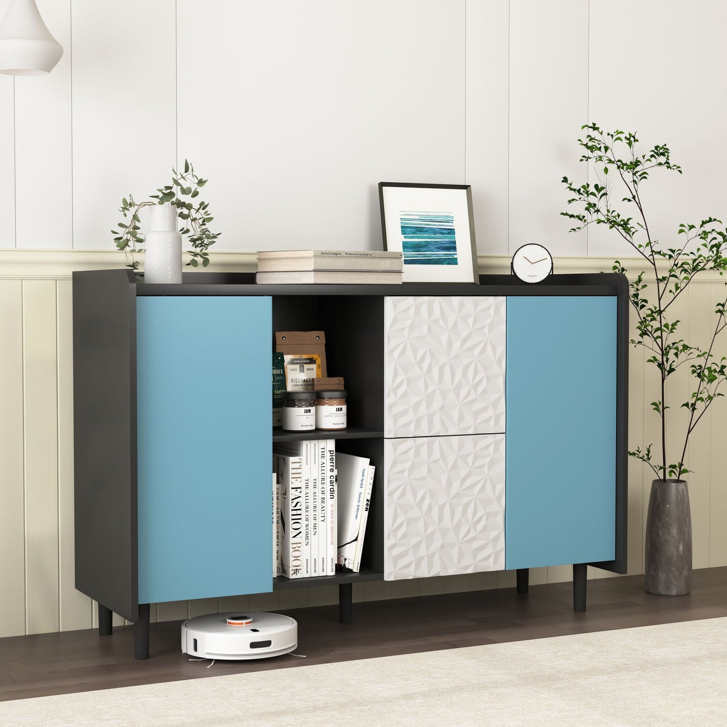 Modern Sideboard Buffet Cabinet With Red Doors And Unique Panel Styling Home Essentials