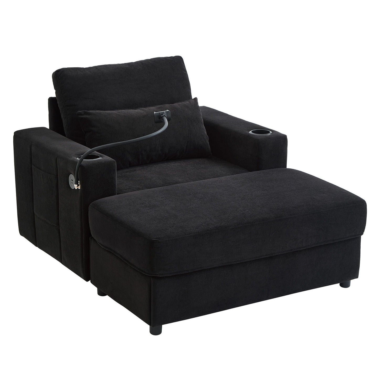 Modern Style Armchair Chaise Lounge Sofa Couch With Movable Storage Ottoman, USB Ports, Cup Holders, Phone Holder, Side Pockets Hearth and Haven