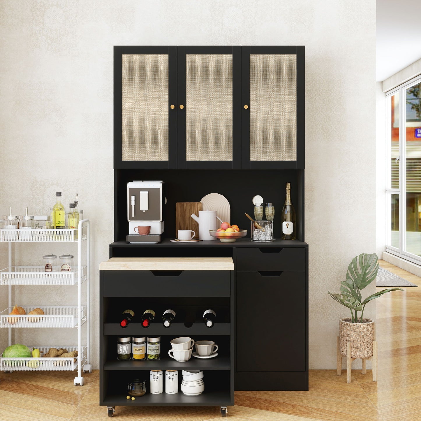 Kitchen Pantry Storage Cabinet, Modern Buffet Cabinet With Kitchen Cart, Tall Kitchen Hutch Cabinet With Microwave Stand, Food Pantry Cabinet With 3 Rattan Doors And Adjustable Shelves - Black Home Essentials